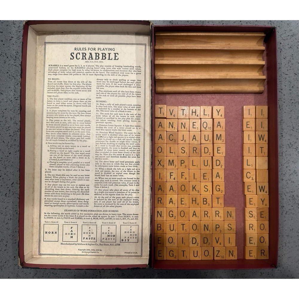 Vintage 1953 Scrabble Board Game COMPLETE 100 Wood Tiles 4 Racks Selchow Righter